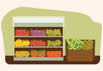 在超市,选择大的有机产品的销售在食品商店内部,商店矢量图水果和蔬菜